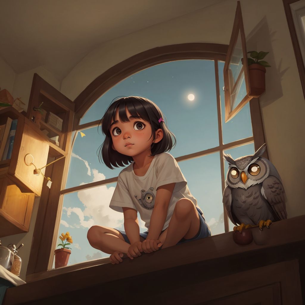 Puja sitting by her window at night, looking up at the sky with curiosity and the silver owl with glowing eyes perched on her windowsill
