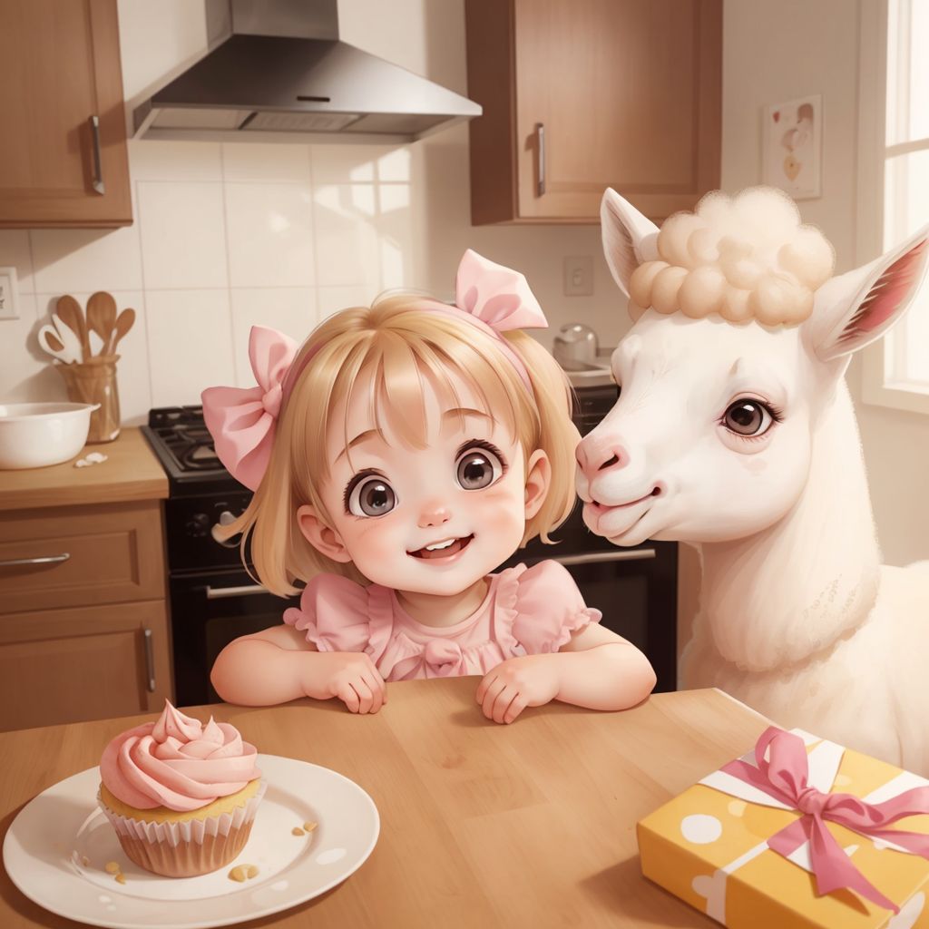 Charlie giggling as Larry the llama has flour on his nose in a kitchen with cupcakes