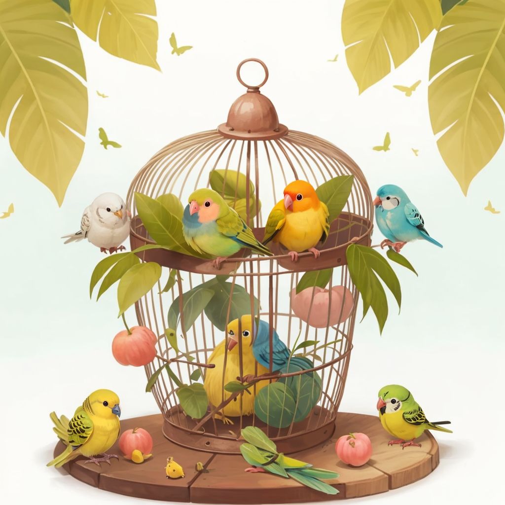 Peaches and Manguito inside a large, safe cage, surrounded by Lemón, Melon, Bluey, and Blanco, a cozy home setting