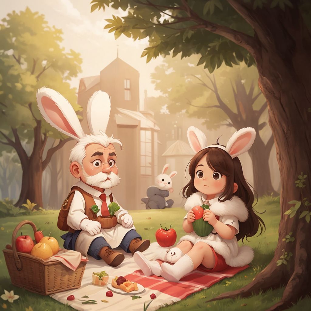 Papa bunny spreading a picnic blanket under a big tree, Bella bunny taking a big bite of an apple with a cheeky grin