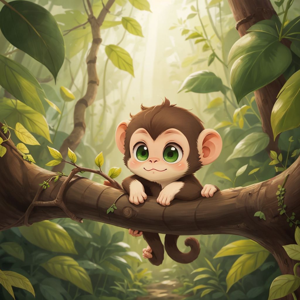 Baby monkey sitting on a tree branch, looking curiously at the jungle beyond. Green leaves and vines surround the scene.