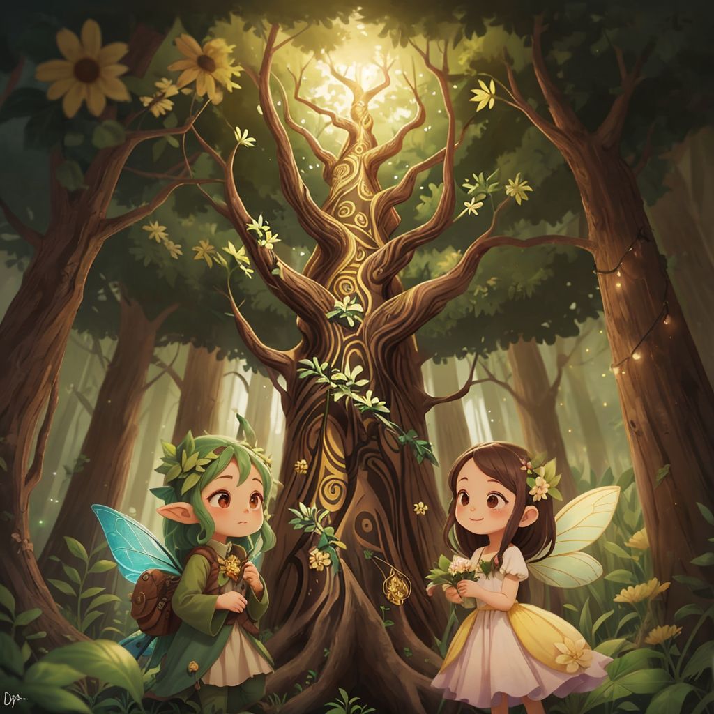 A majestic Ancient Tree with golden patterns on its bark, with the Forest Fairy (wearing earth-toned robes) and Flower Fairy (in pastel flower-petal dress) listening intently at its base. Magical forest background with soft glowing lights.