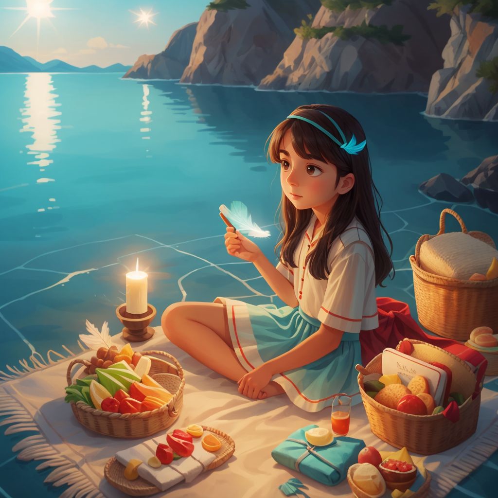 Deniz holding a glowing feather with a calm sea and floating picnic basket in the background