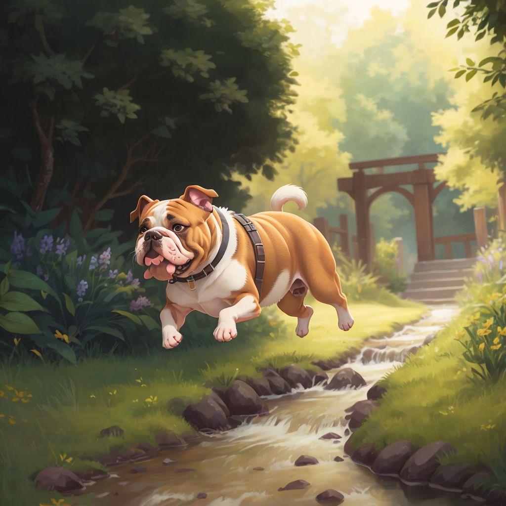 David the bulldog running joyfully through a secret garden called the Tete Tata, with soft grass and a clear stream.