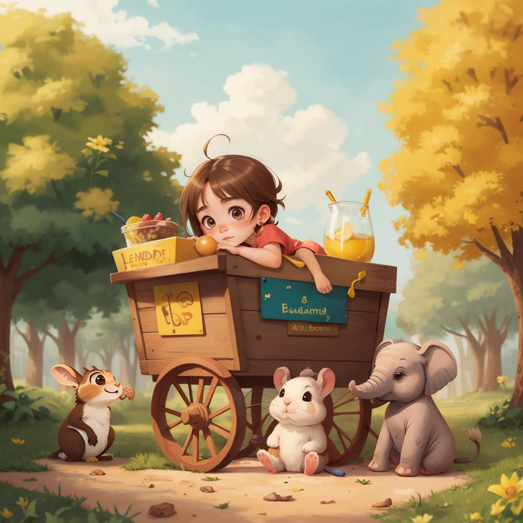 Lila setting up a lemonade stand under a sunny sky, with Milo, Sunny, Bella, and Eli watching with interest nearby.