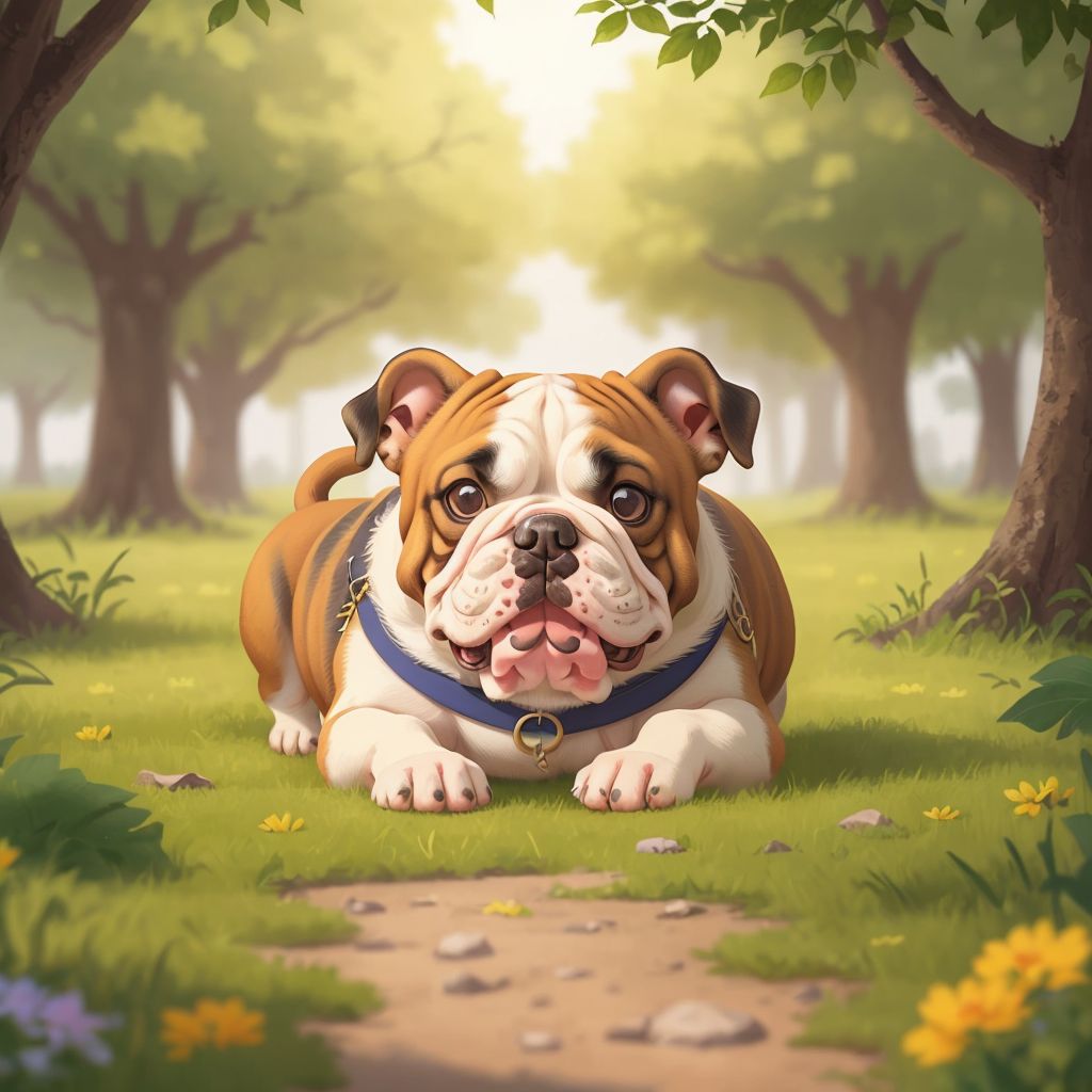 A playful bulldog named David with a mischievous expression in a park setting.