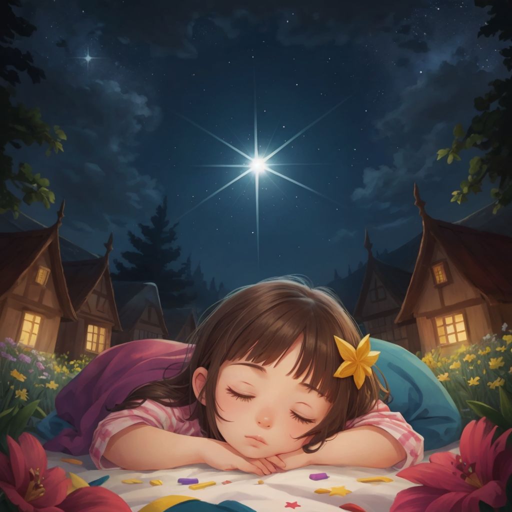 A bright star Vega with a proud, content expression shining brilliantly in a dark night sky above a sleeping town