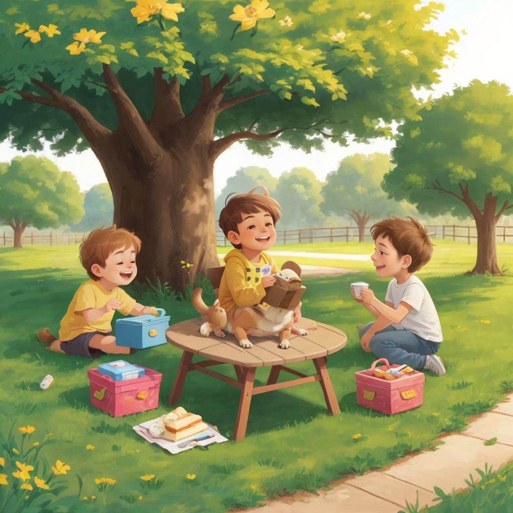 Punkin in a quiet park corner with a picnic setup, surrounded by happy children