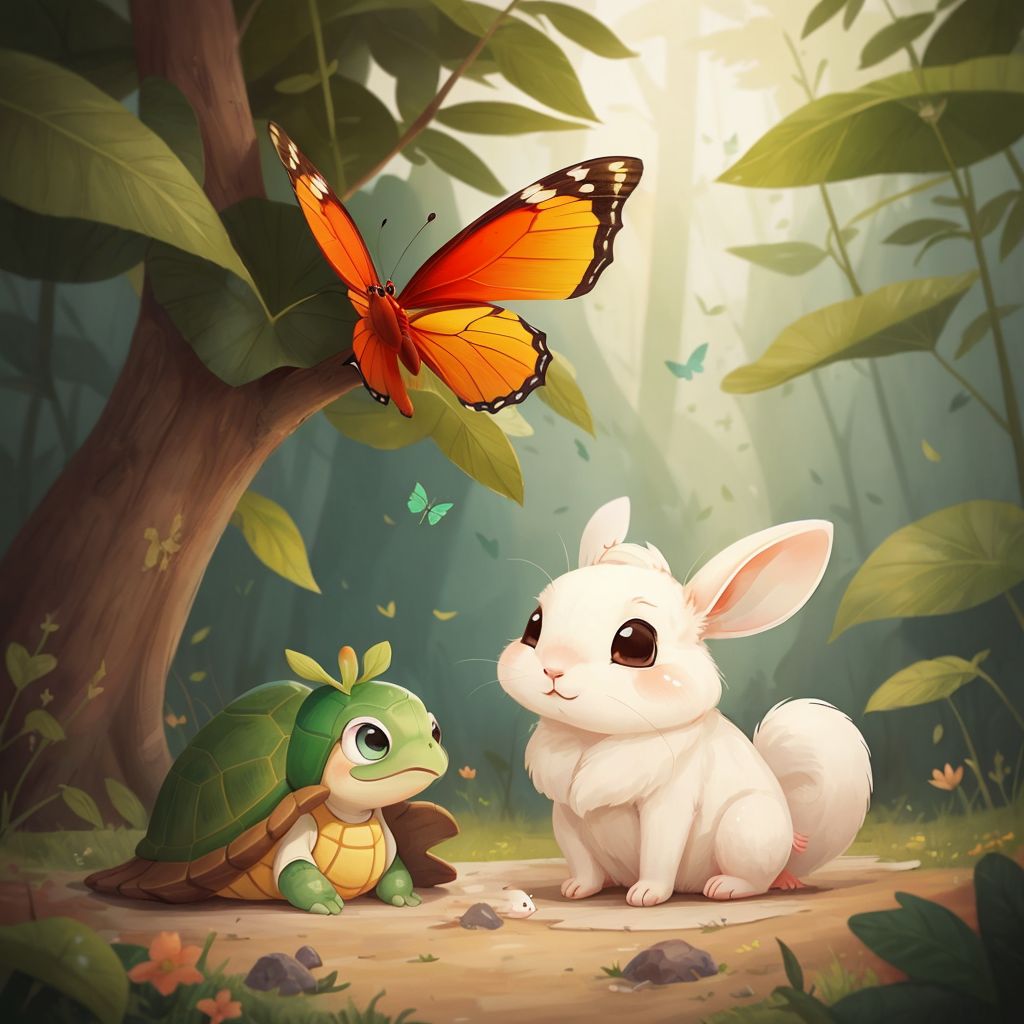 Lulu, bravely confronting Cici, a cute white rabbit, while Kiki, a green turtle with beautiful eyes, looks on.