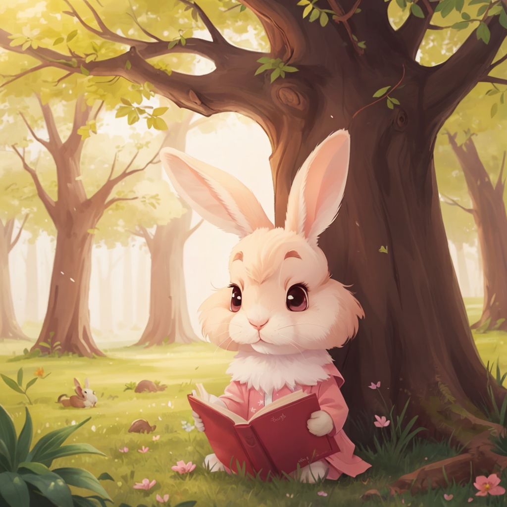 Bonnie Bunny discovering an old book under a tree, with sparkling pages and a curious expression.