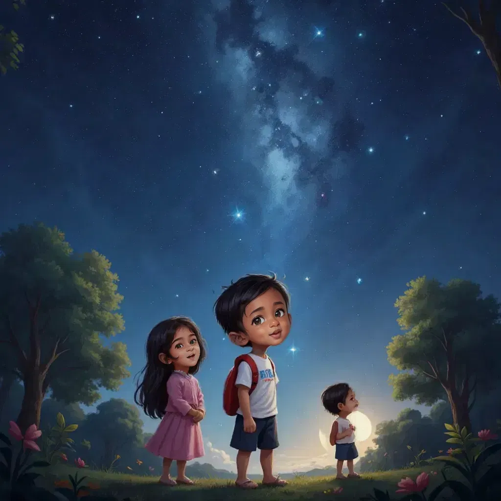 Adam looking up at the night sky with wonder, Aila and Abel standing beside him with curious expressions.