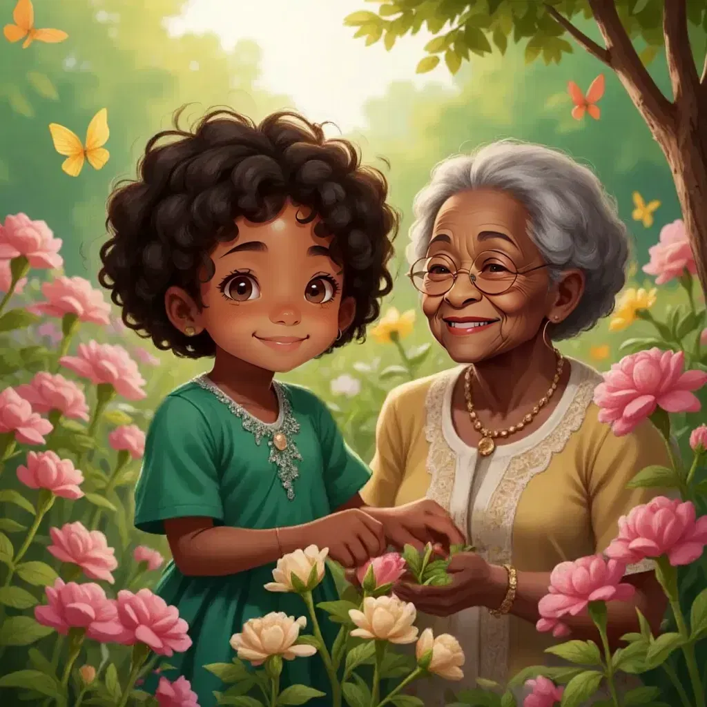 Zora picking roses in a garden, butterflies fluttering around, Grandma watching with a laugh