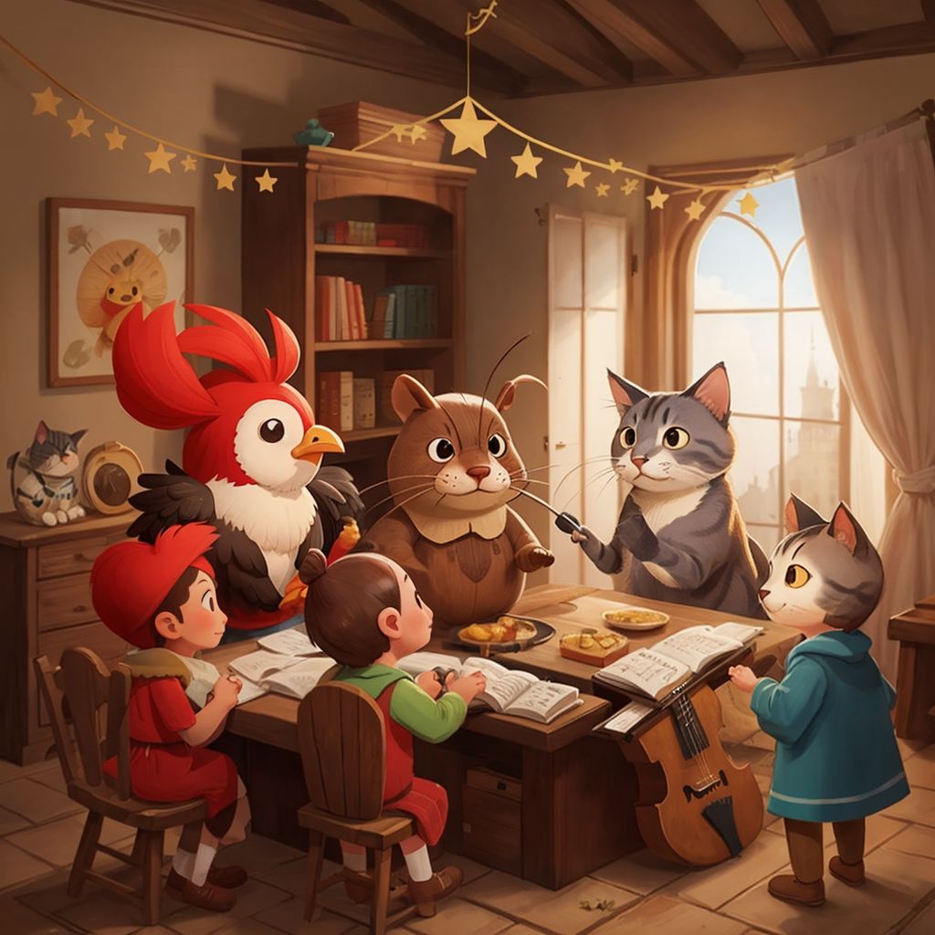 Greta the Chicken, Gruntik the Mole, and Velvet the Cat being celebrated by villagers at a party, with decorations and music instruments around.