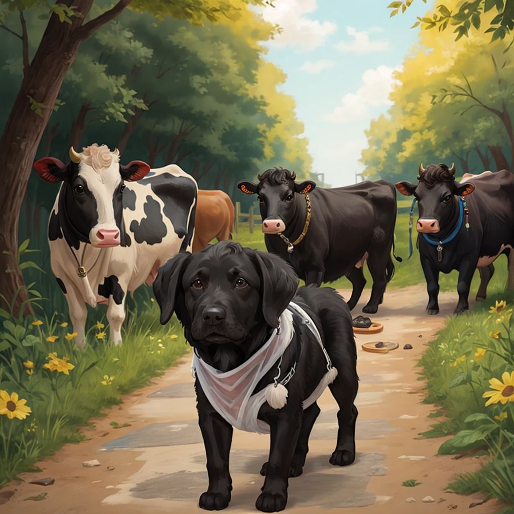 Charley Bear barking happily at a group of curious cows