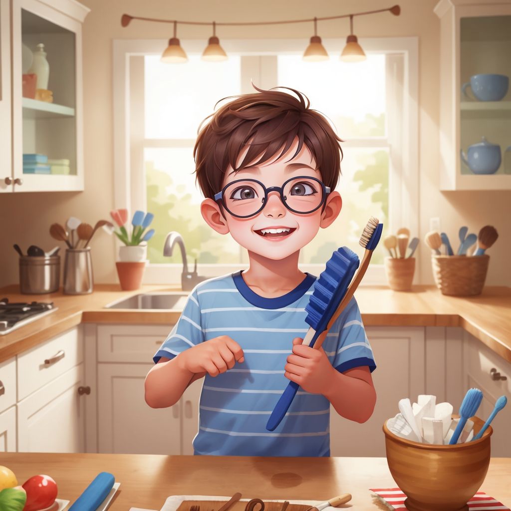 Benny holding a blue-striped toothbrush with soft bristles, smiling with excitement