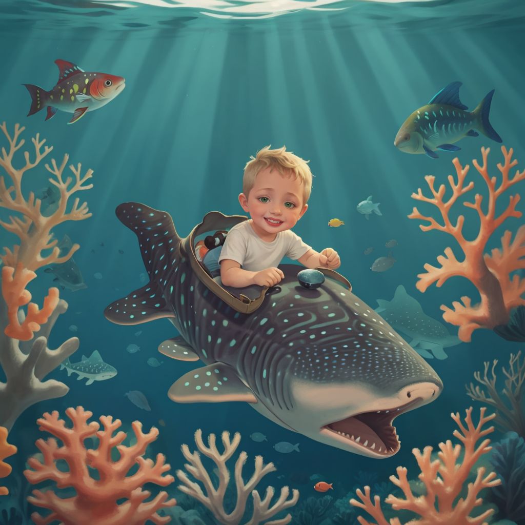 Cooper riding on the whale shark's back underwater with colorful fish and coral around