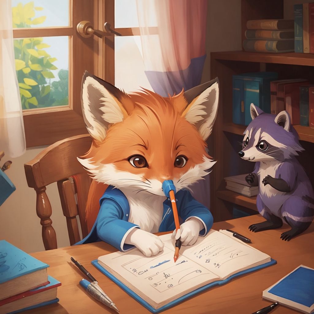 Frederick the fox holding a blue crayon in an art class, with Rose the raccoon watching patiently