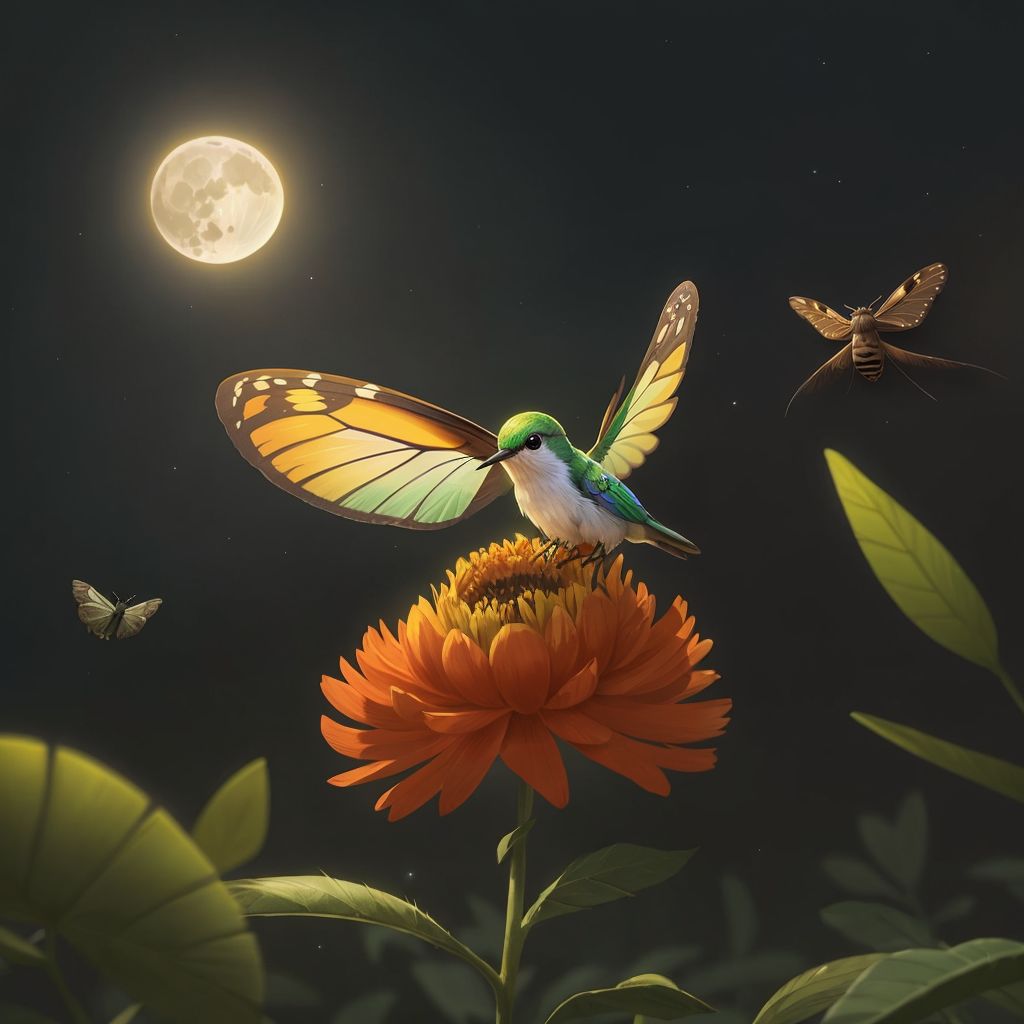 Luna the monarch butterfly hovering near Theo, a tiny emerald-green hummingbird with iridescent feathers, surrounded by colorful flowers. Nova, a large dark brown moth with moon-like patterns on her wings, observing from a distance.