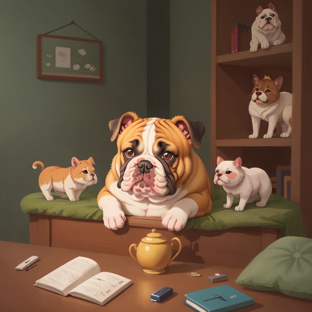 David the bulldog looking remorseful, surrounded by gentle creatures with sad expressions near the Tete Tata.