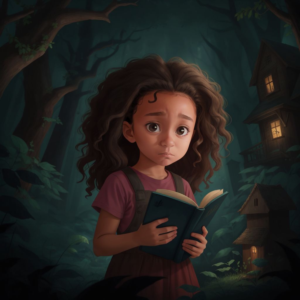 Annie biracial girl with curly hair looks scary book dark eerie forest haunted house