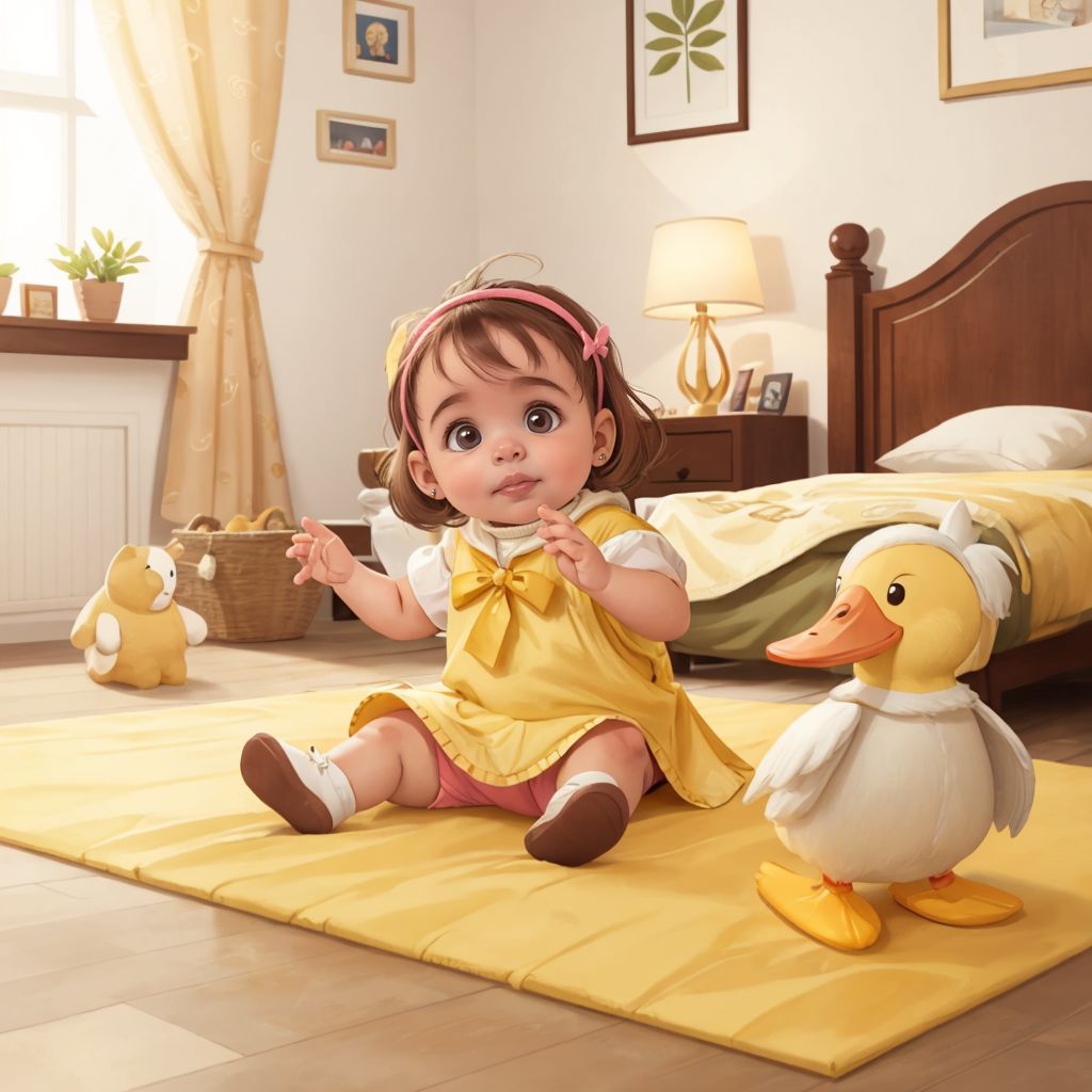 Sabi giggling and clapping her hands in a comfy room with Ducky, the smiling scout duck, waddling in.