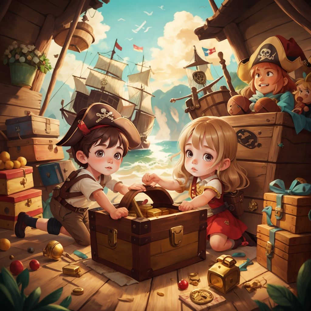 Jack and Norah holding a treasure chest filled with gold and jewels, with angry pirates visible in the distance