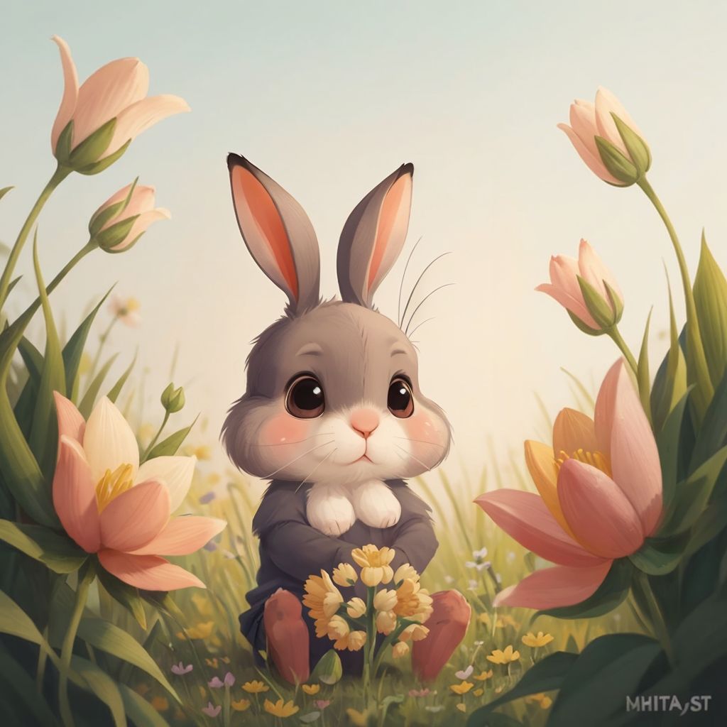 Bunny sitting thoughtfully in a meadow, surrounded by flowers, with a peaceful expression