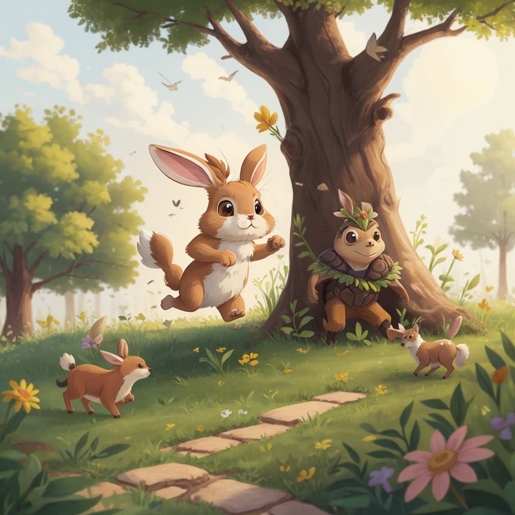 Rabbit stands with drooping ears and apologetic expression before Turtle. Turtle wears a small victory wreath of flowers around his shell. Forest animals watch the exchange from a respectful distance. The setting sun casts a golden glow over the scene at the base of the oak tree.