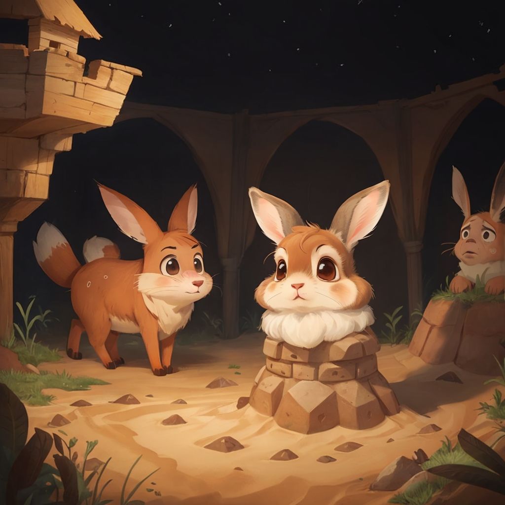 Sammy the fox with a guilty expression, standing near a partially collapsed sandcastle. Ellie, Benny, and Mia looking surprised and sad.