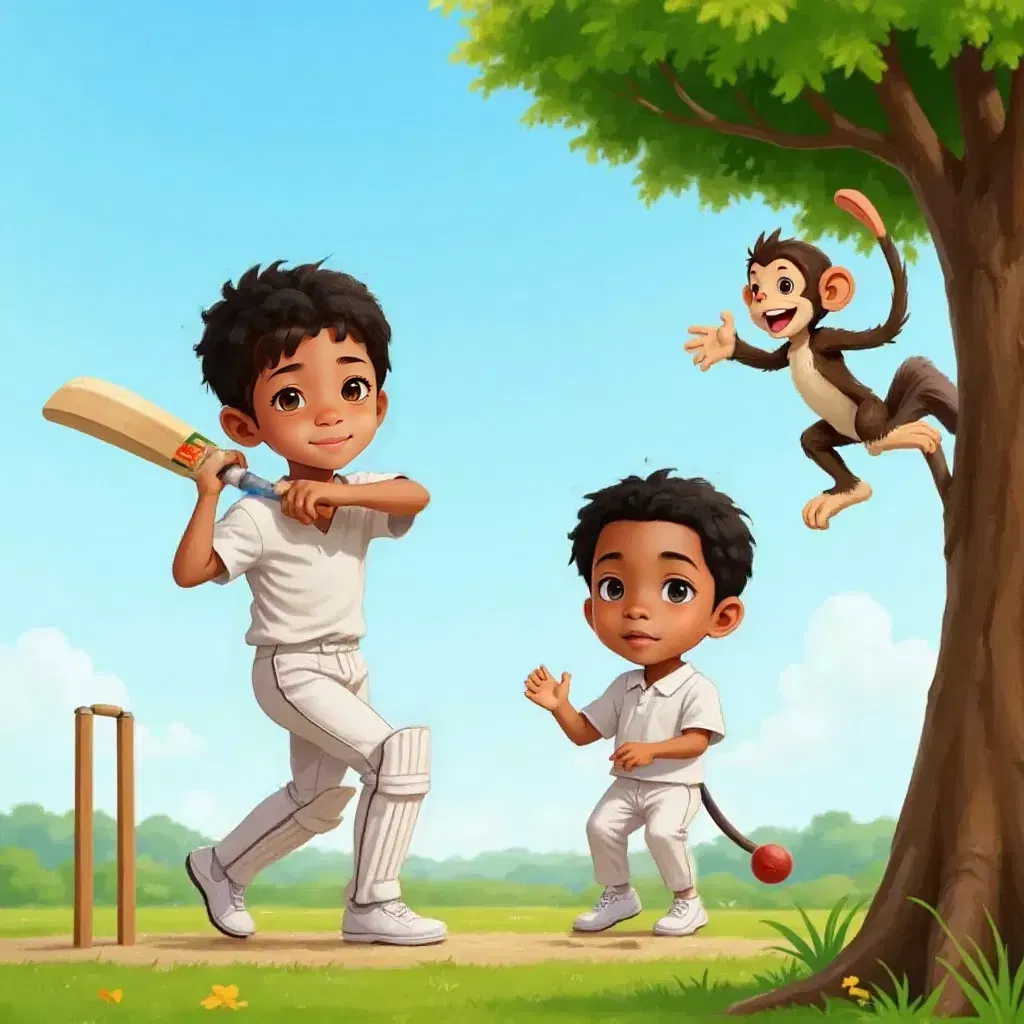 Josh and Mikey playing cricket, with a monkey named 'Cricket' clapping excitedly from a nearby tree