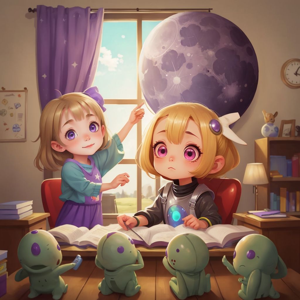 Aria and Mella looking out a Moon School window in shock as the moon cracks and pieces drift apart. The classroom is filled with worried aliens.