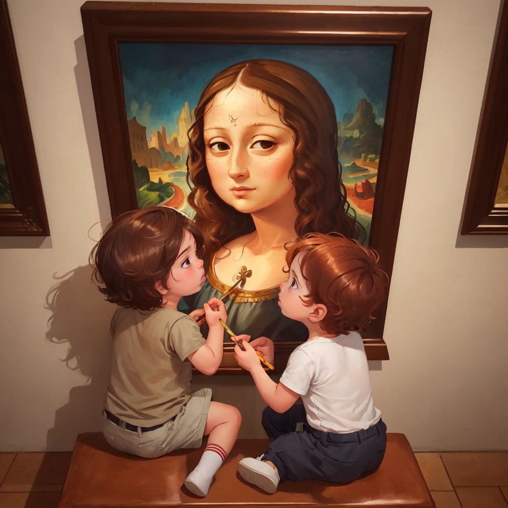 Leo and Sol looking up at the Mona Lisa in the Louvre Museum with wonder