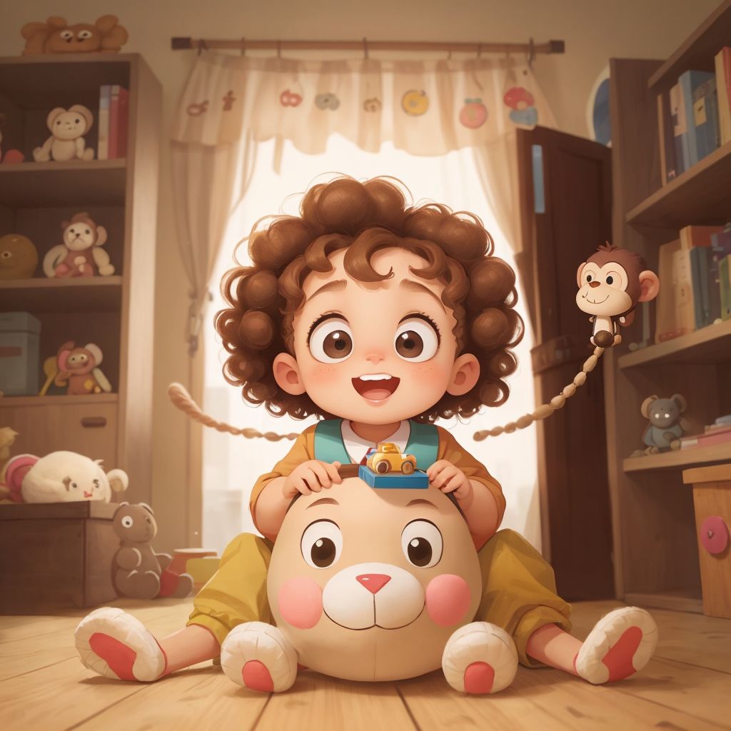 A joyful Boy with curly hair and a well-loved stuffed Monkey with button eyes spinning in a room filled with colorful toys.