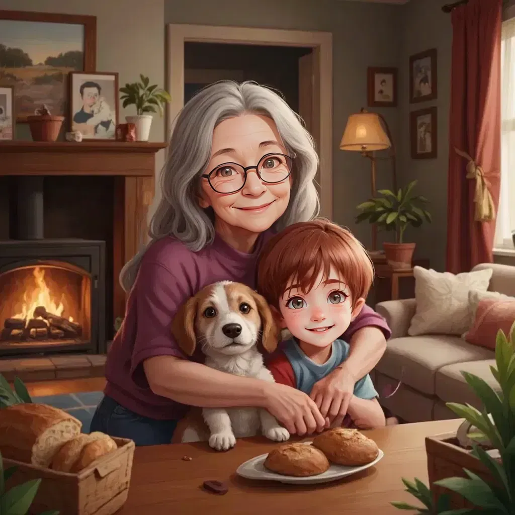 Granny, a 51yo woman, hugging Little Larry and Droopy in a cozy living room with the smell of fresh bread in the air