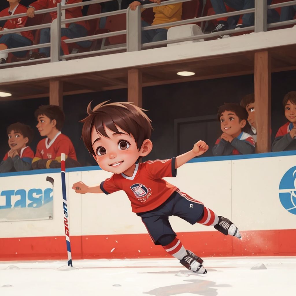 Osh skating on ice with determination, with an ice hockey match and sparkling ice in the background.