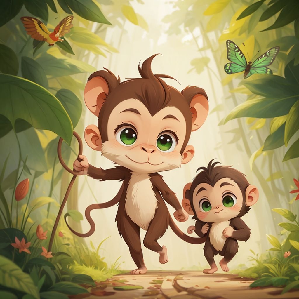 Mama monkey holding baby monkey's hand as they walk down a leafy path. Colorful birds and butterflies are visible in the background.