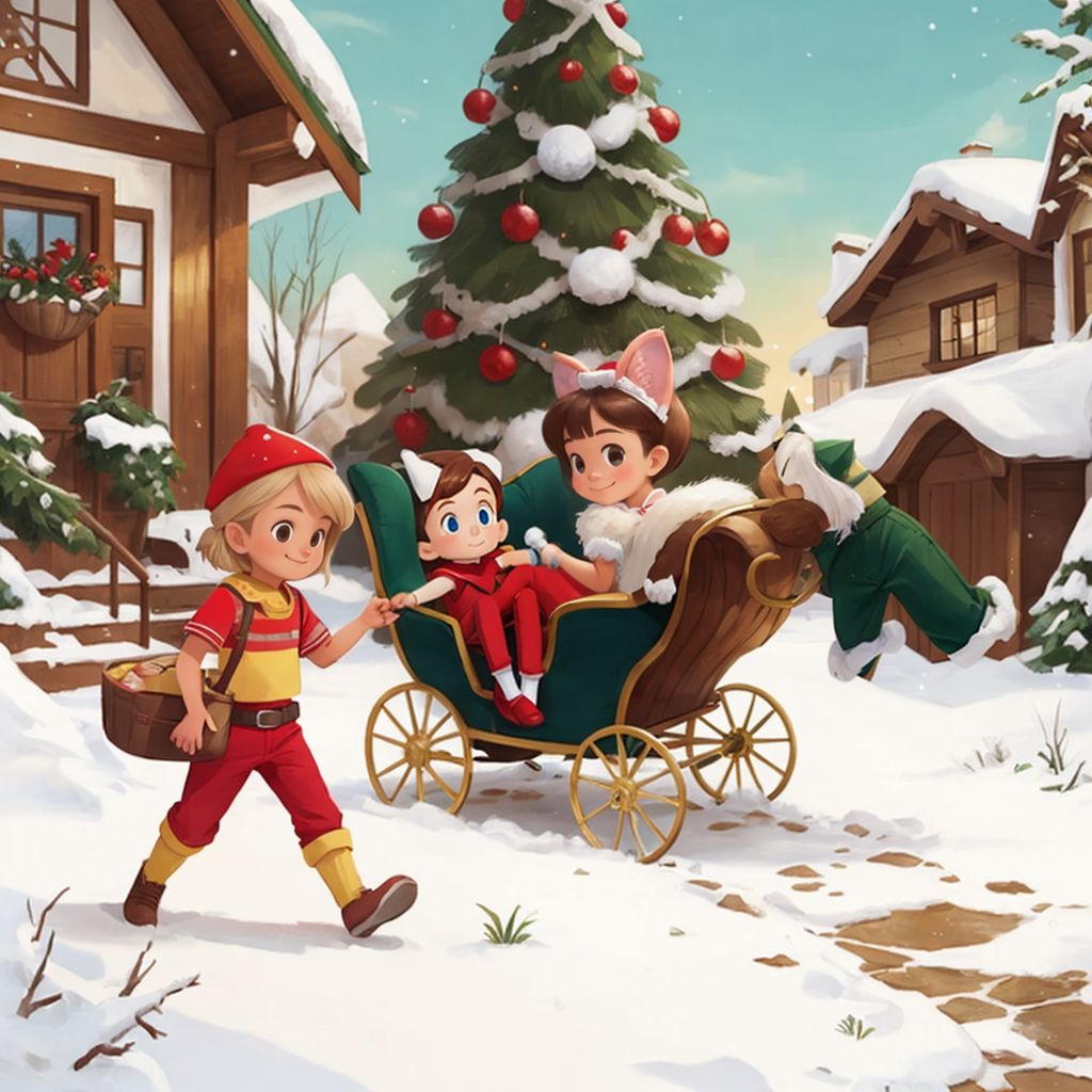 A red and gold sleigh in front of a house with Aubree, Chippy (a Boy elf doll with blue eyes), Snowflake (a Girl elf doll with blue eyes), Stripey Blue Eyes (an elf in green top with green/white striped pants), and Kitty Minnie Sparkle (a Giant elf doll with red/green clothes)