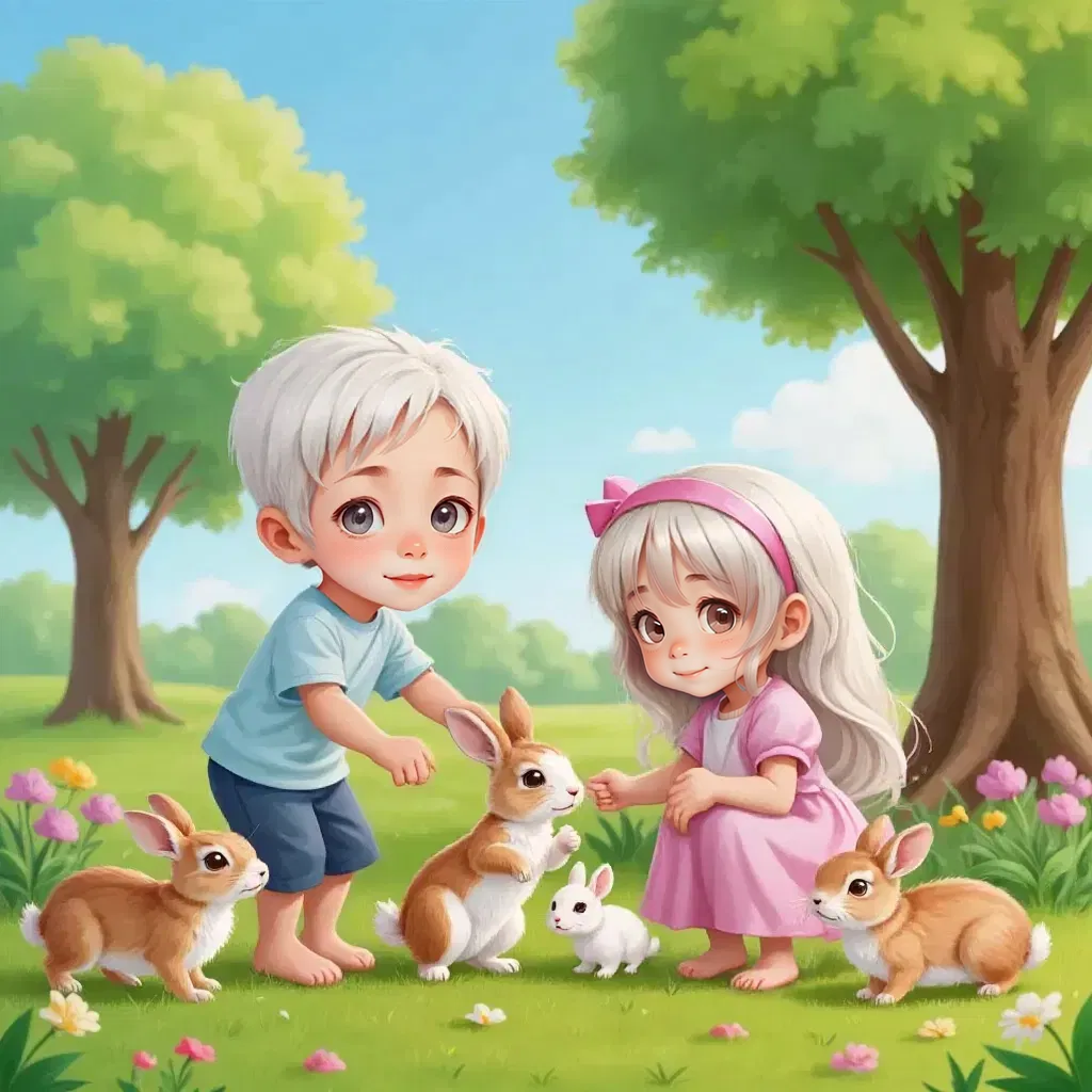 Isaac and Zoe surrounded by friendly rabbits