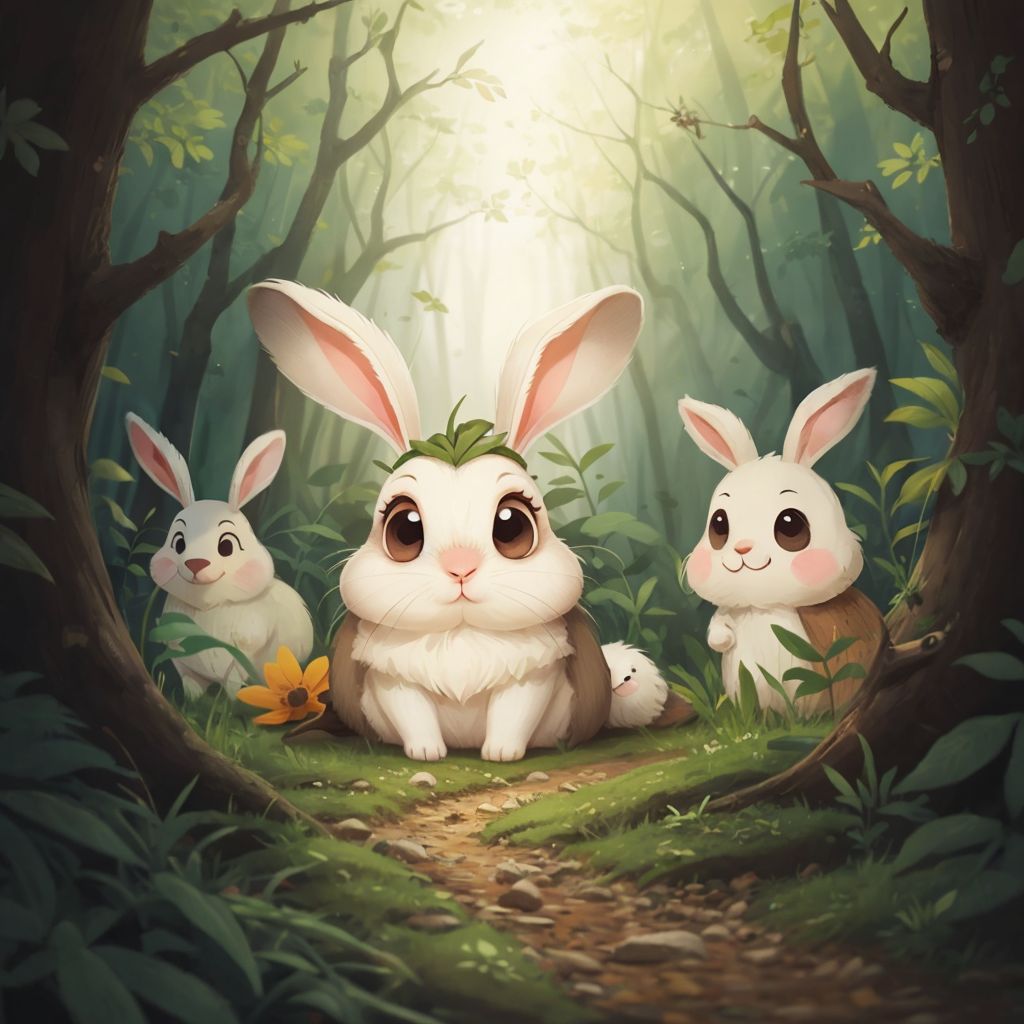 Bax Bunny with big eyes looking around for landmarks, Marry and other animals following him closely in a dense forest