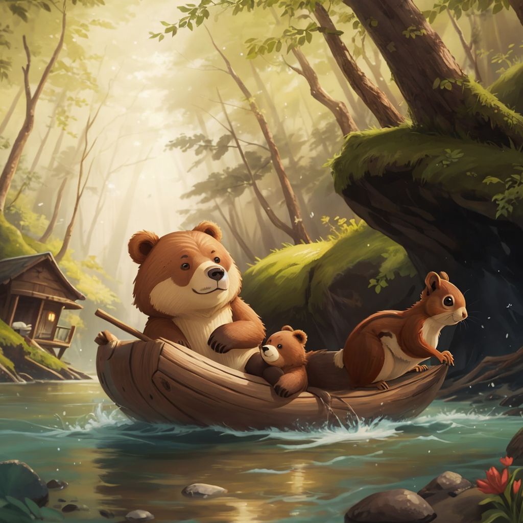 Kuschi and the brown squirrel sitting on a wooden raft, floating on a sparkling river surrounded by forest