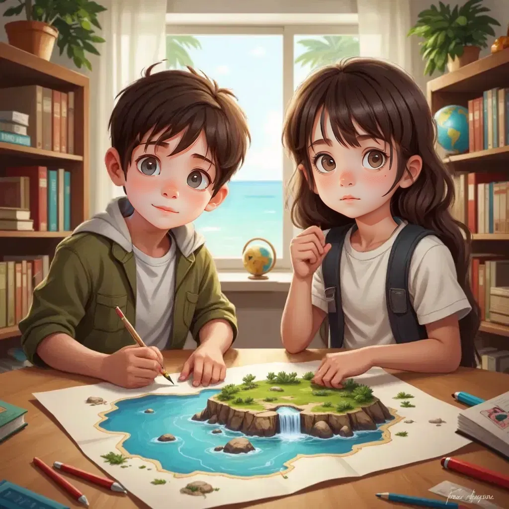 Finn and Lila drawing a simple map on paper, showing a rocky island under a waterfall.
