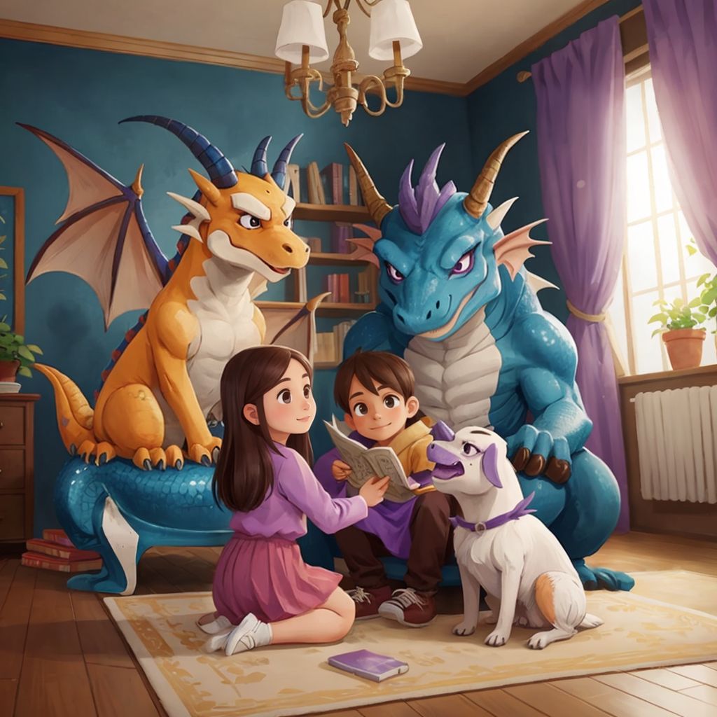 Two large dragons (one blue and one purple) with friendly smiles greeting a surprised young girl and Buzzie Too (a brown and white terrier) in a cozy room