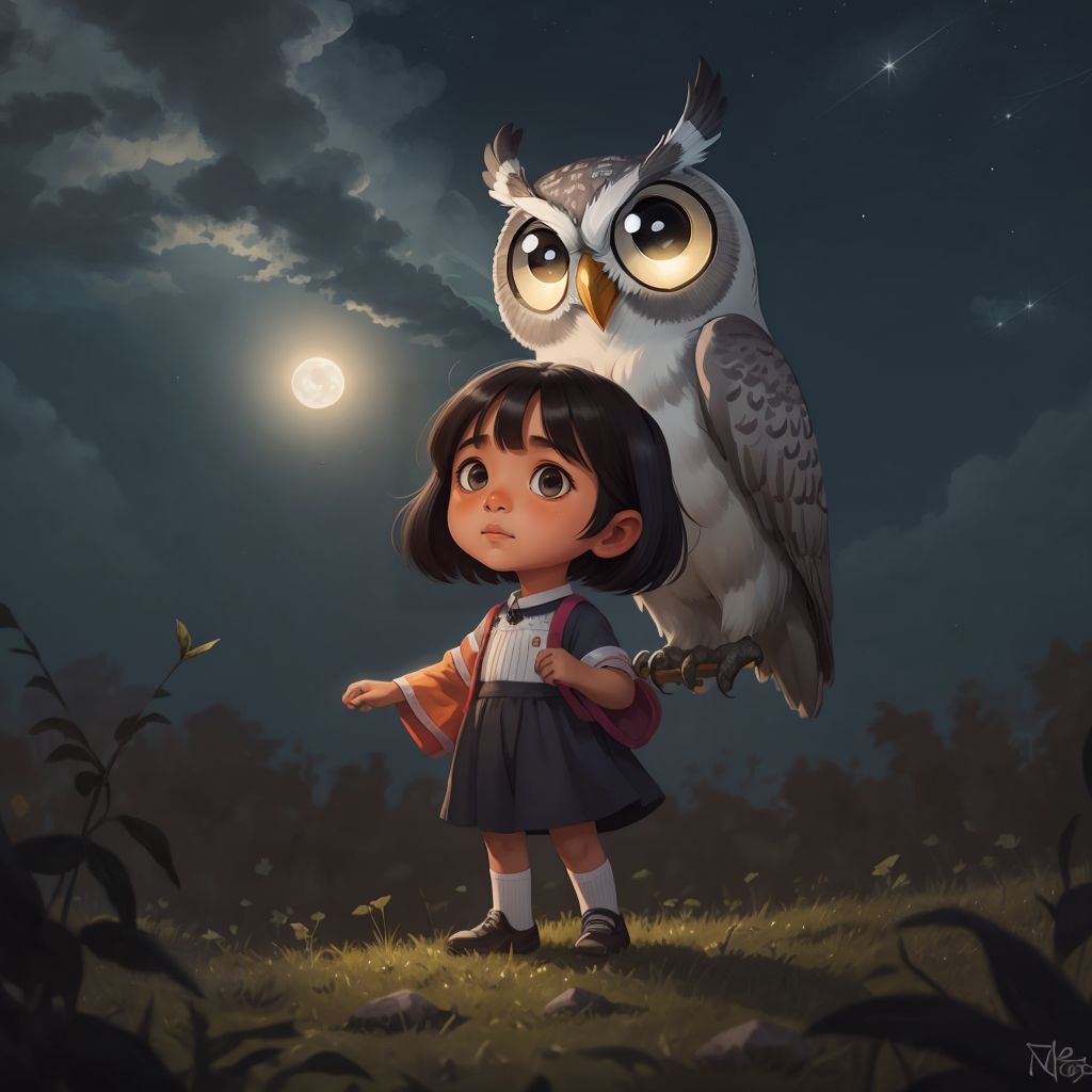 Puja standing in a field, looking up proudly as moonlight fills the sky, with the silver owl flying above her