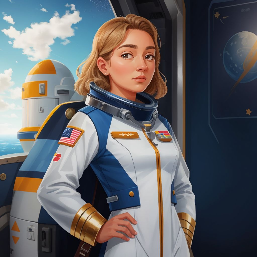 Captain Stella, a wise and kind leader, standing proudly at the Space Academy