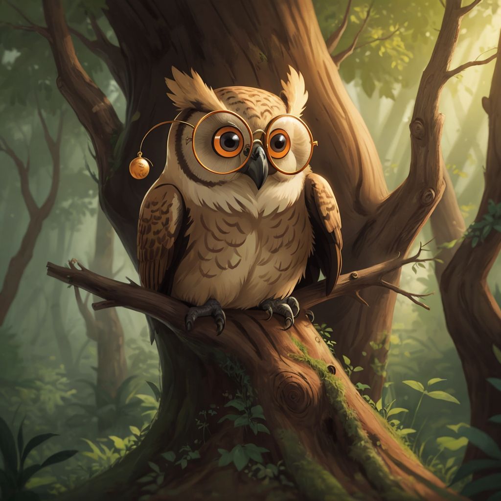 Ms. Owl perched on a tree branch, wearing glasses and looking wise, with a forest background