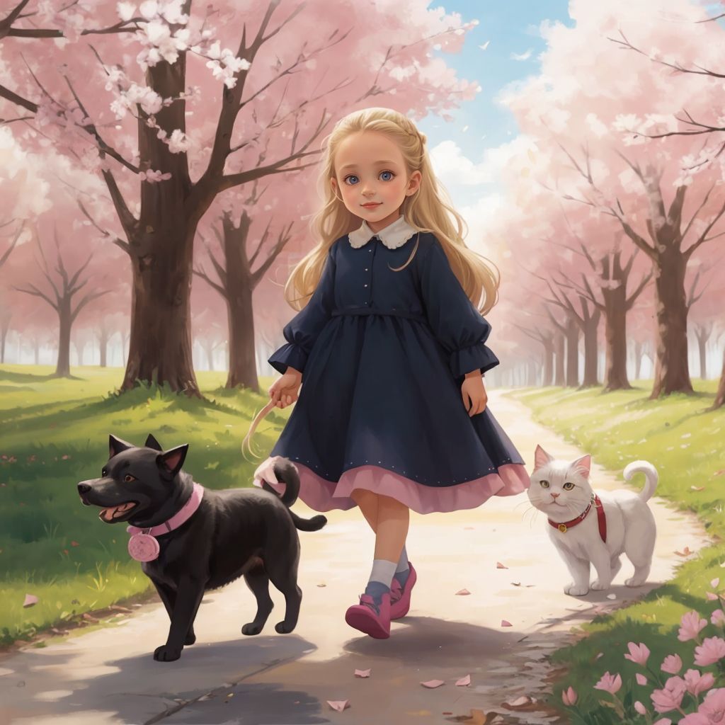 Аліса walks in the park with a black dog and a white fluffy cat