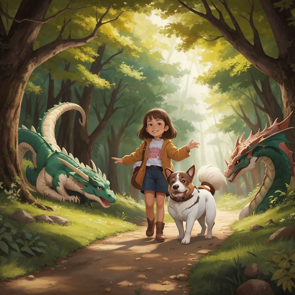 Two dragons leading a happy young girl and Buzzie Too (a brown and white terrier) through a sunlit forest path