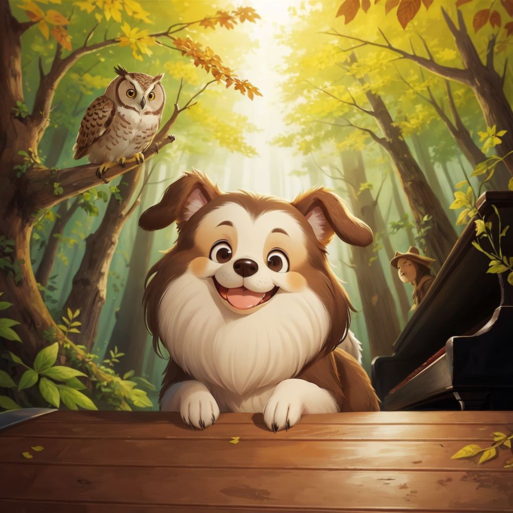 A smiling Lilja with her ears perked up, standing near an old wooden piano in the forest. Owl watching from a nearby branch.
