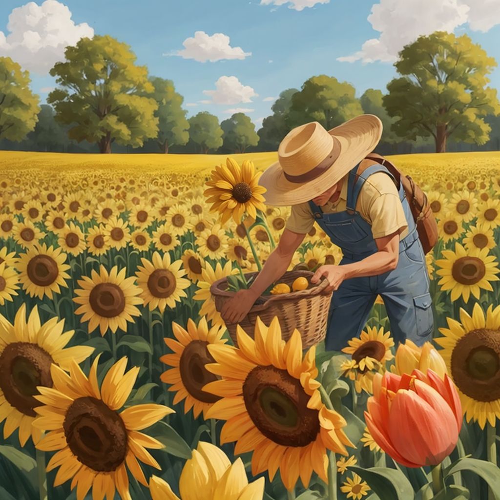 Honrybee hovering over a garden filled with colorful daisies, sunflowers, and tulips. A man with grey hair wearing overalls and a straw hat (Farmer Joe) planting flowers in the background