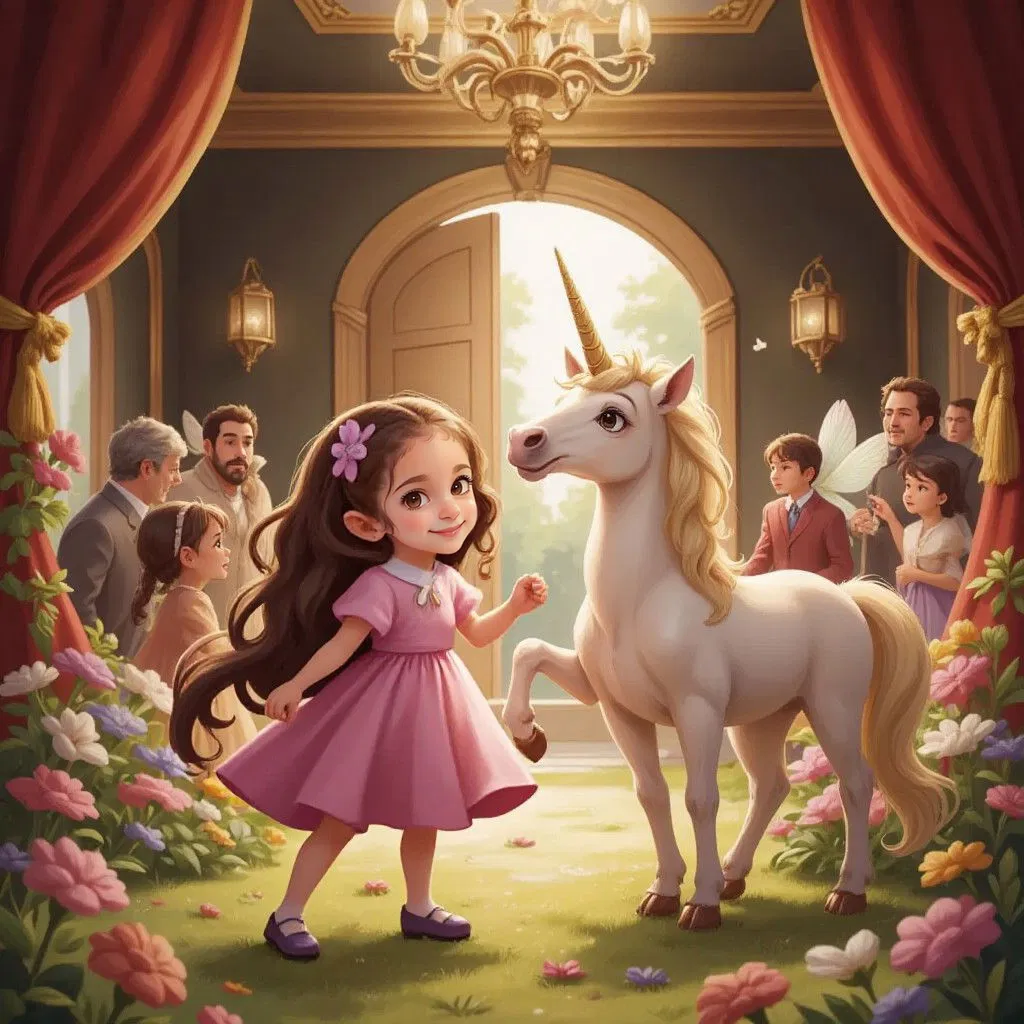 Ella dancing with fairies, flowers, and the unicorn at a grand party in a castle